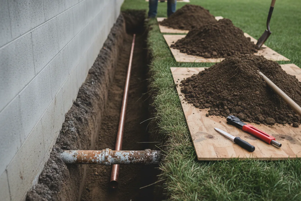 Excavated water line trench during Water Heater Repair in New Haven